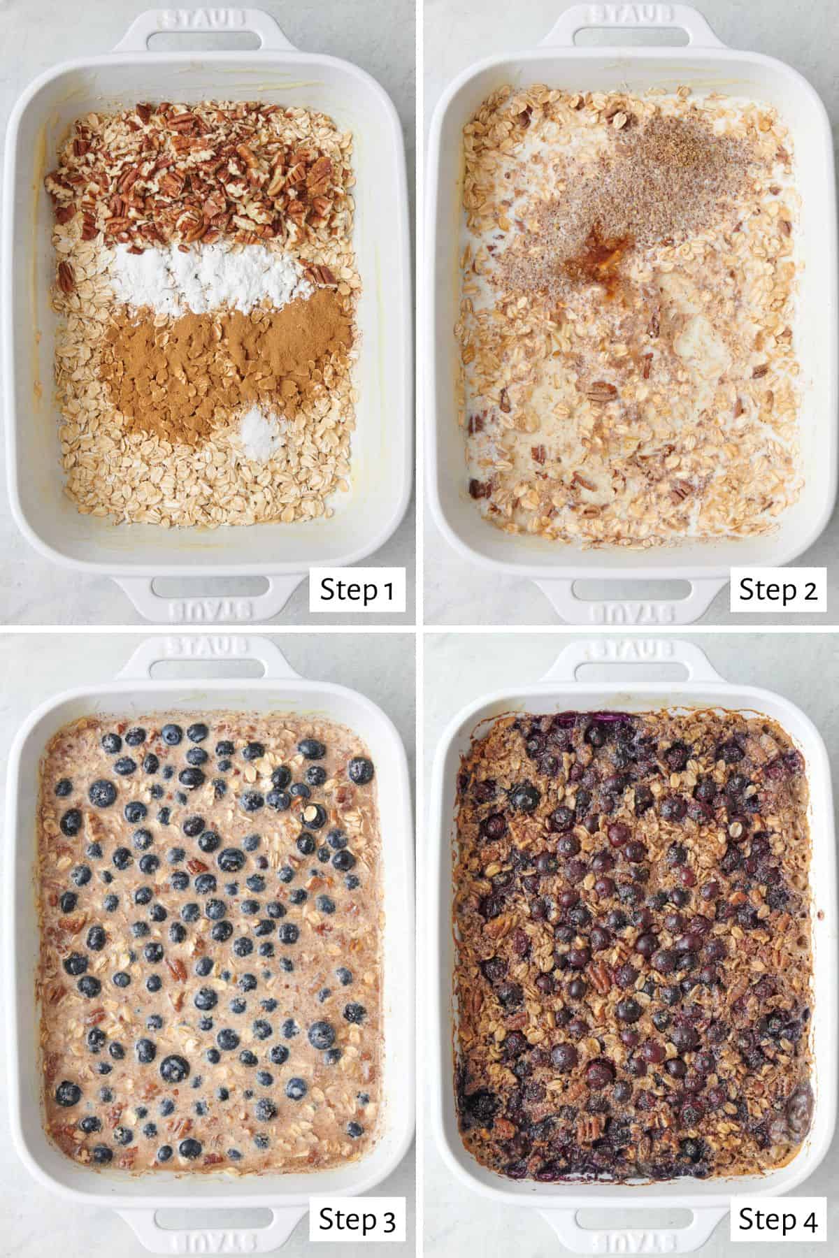Collage showing the blueberries in a baking dish and then the oats mixture added on top