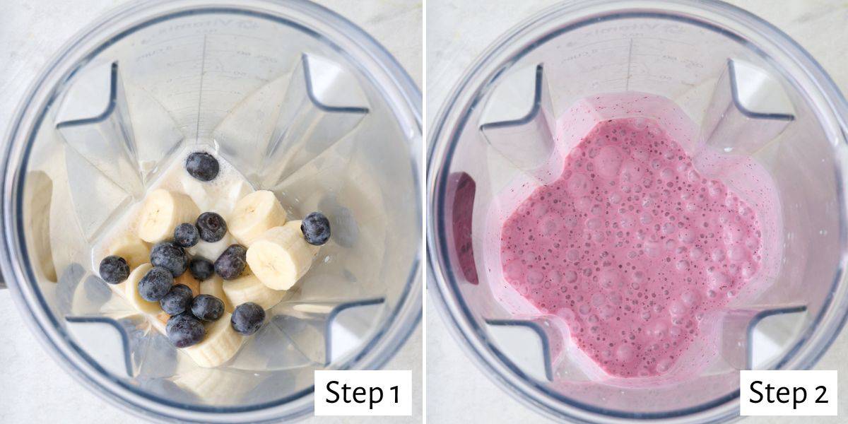 Collage showing ingredients in the blender before and after blending