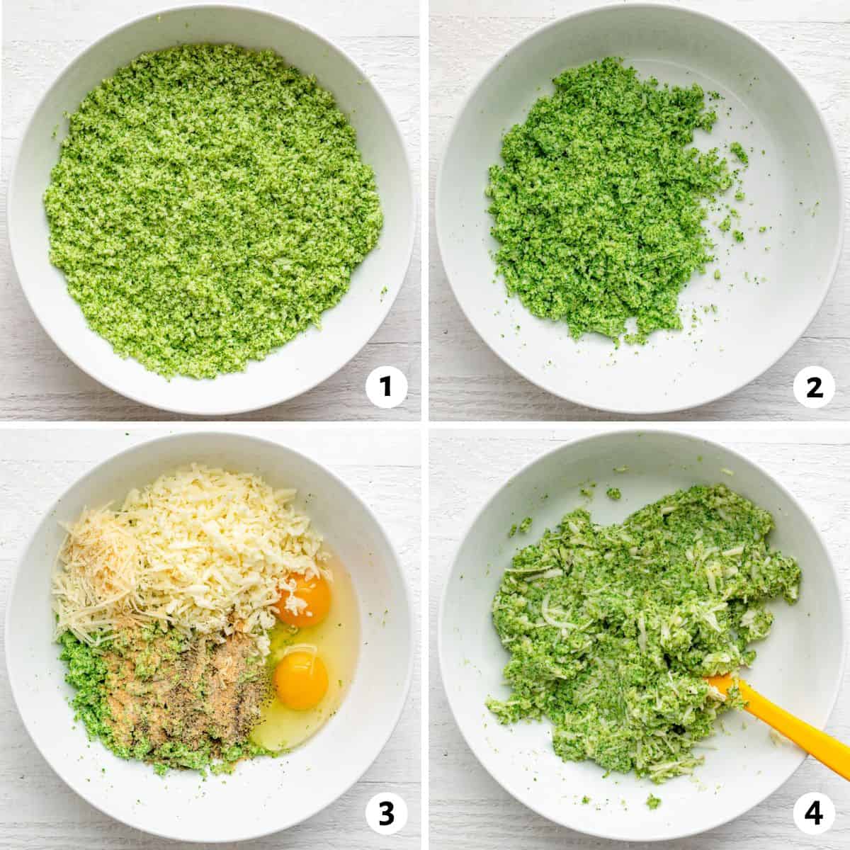 4 image collage to show how to make the recipe with broccoli, cheese, eggs and spices