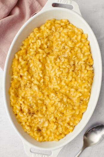 Serving dish of butternut squash macaroni and cheese.