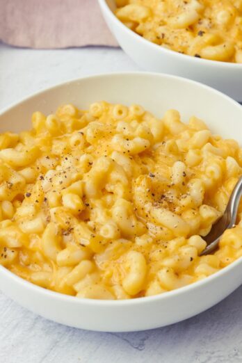 Butternut squash mac and cheese in a bowl.