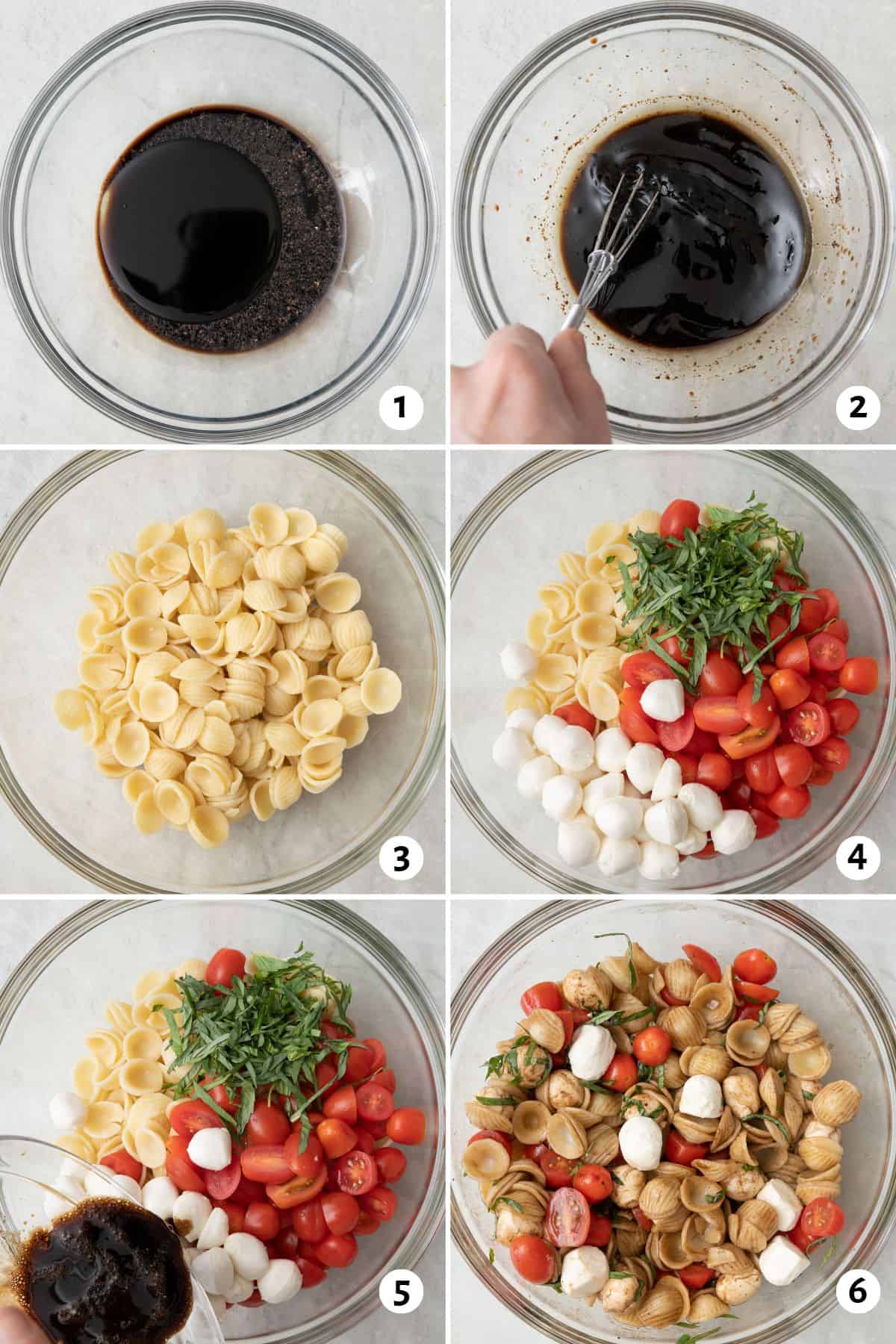 6 image collage making recipe: 1- vinegar in a bowl, 2- whisking together with seasoning, 3- cooked pasta in bowl, 4- tomato, basil, and cheese added, 5- dressing poured over, 6- ingredients tossed together with dressing.