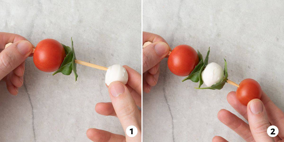 2 image collage making skewers by adding a tomato, basil leaves, and mozzarella ball to it.