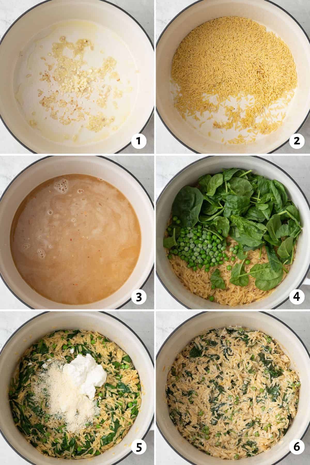 6 image collage making recipe in a Dutch oven: 1- shallots cooked with minced garlic added, 2- orzo added, 3- broth and seasoning added, 4- vegetables added to cooked orzo, 5- cheese and ricotta added, 6- after ingredients are combined.