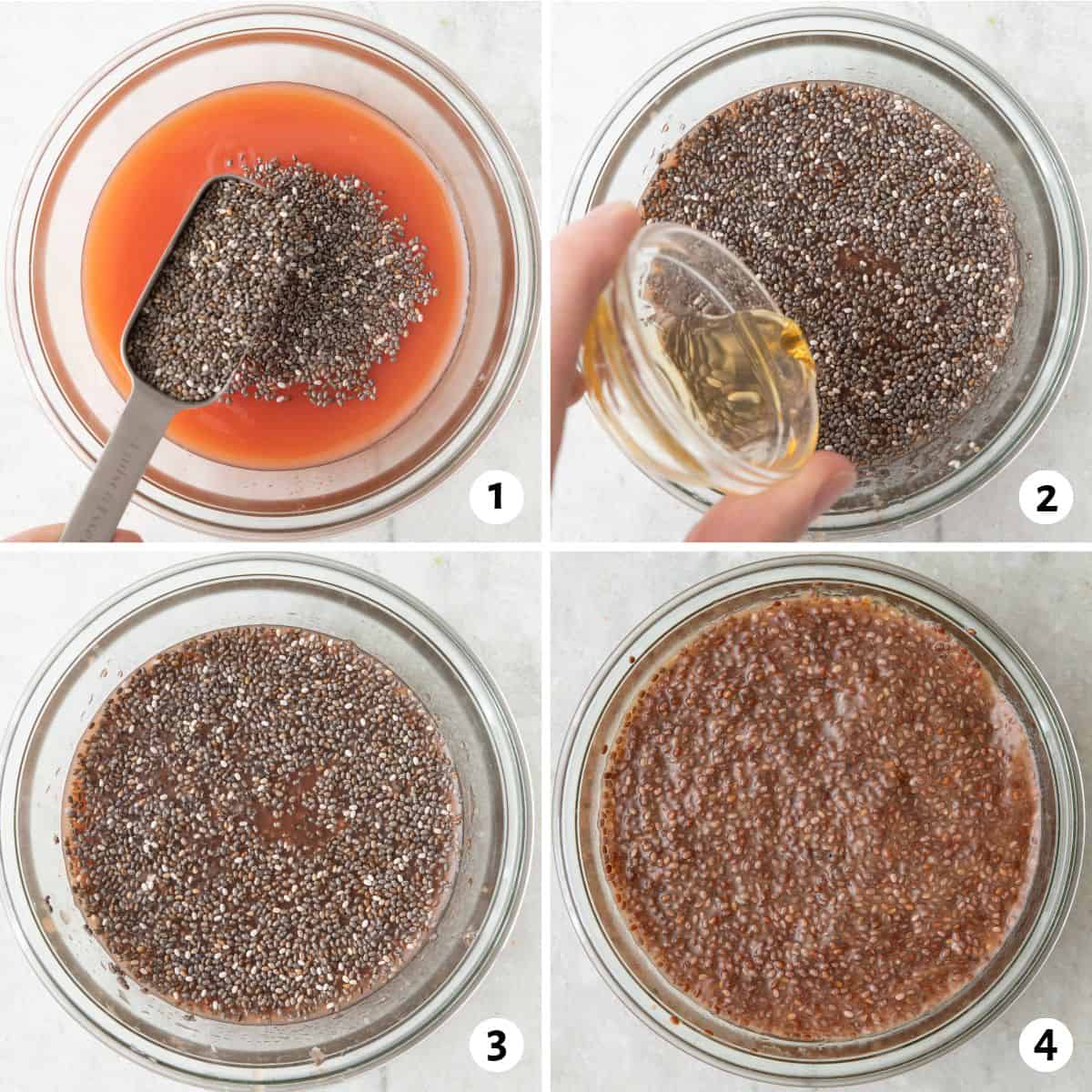 4 image collage making recipe: 1- fruit juice in a small bowl with chia seed being sprinkled on top, 2- honey being added, 3- after mixture is stirred well, 4- after recipe has been chilled and the chia seeds are plump and gelatinous.