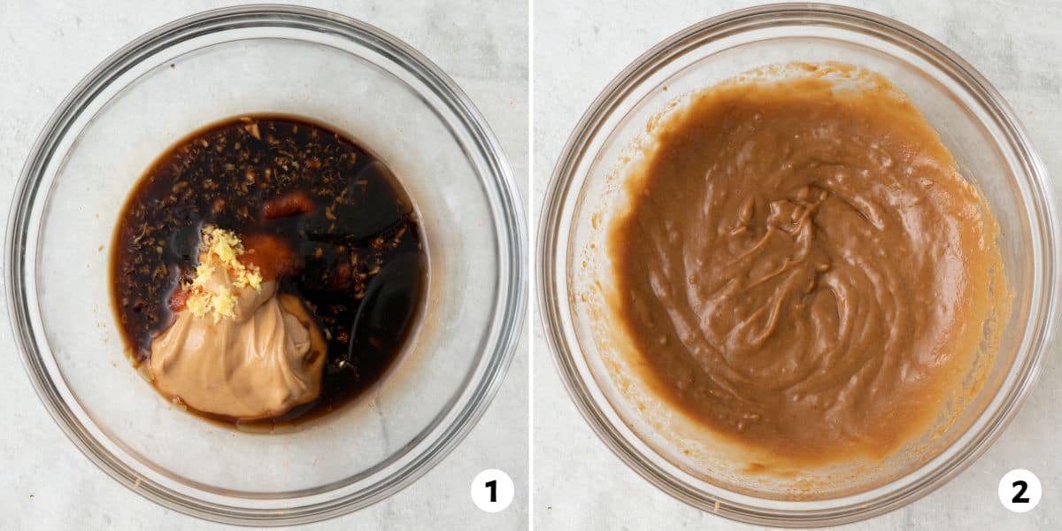 Collage of two images. On the left are the ingredients to make the sauce including soy sauce, peanut butter, rice vinegar, ginger and sriracha. On the left are the ingredients all blended