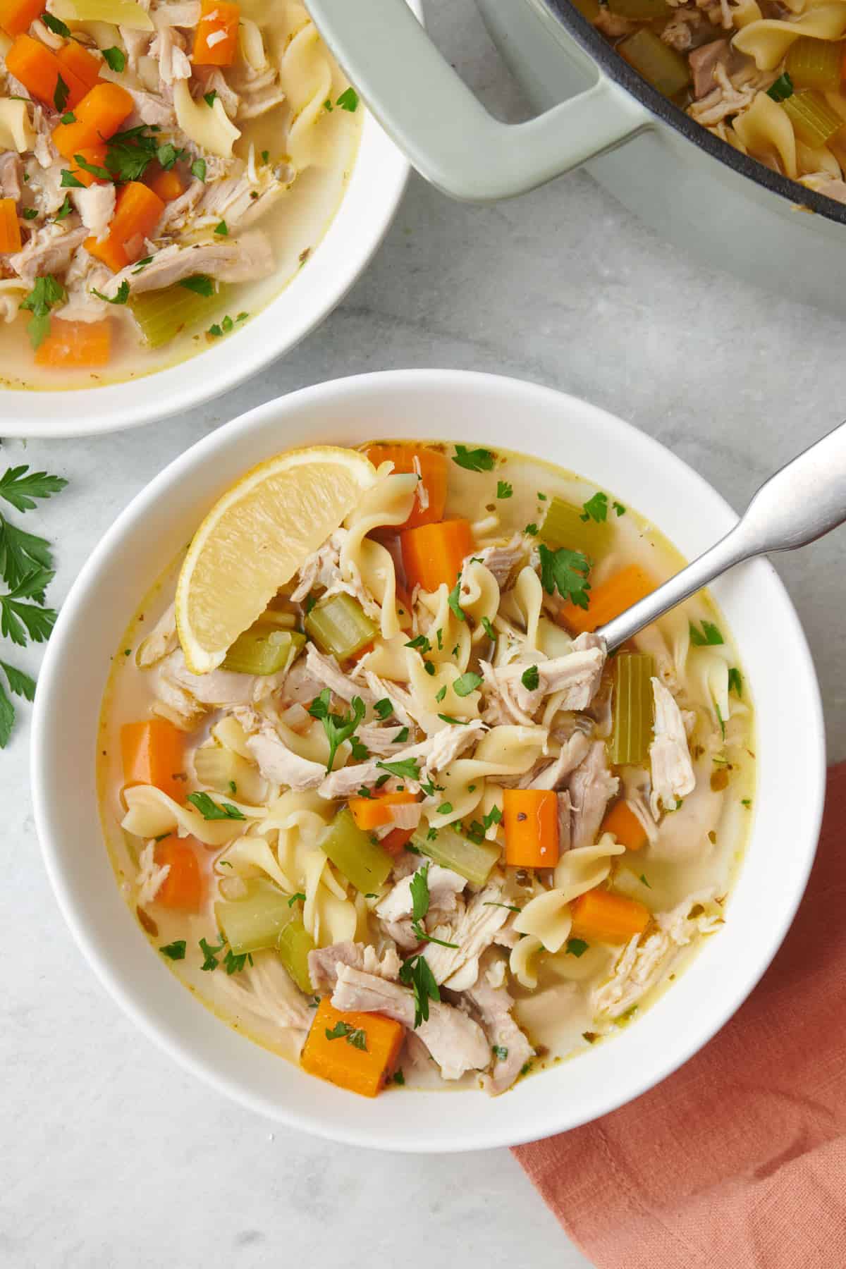 Close up view of the classic chicken noodle soup in a large bowl