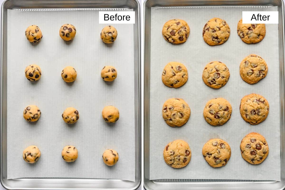 2 image collage showing cookies before and after baking.