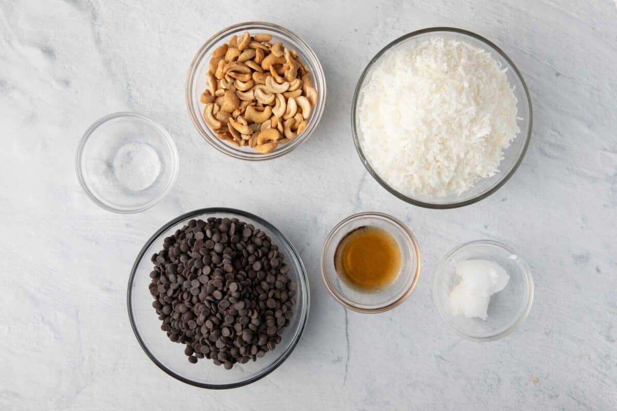 Ingredients to make chocolate coconut balls: coconut, chocolate, cashews, maple syrup, coconut oil and vanilla extract.