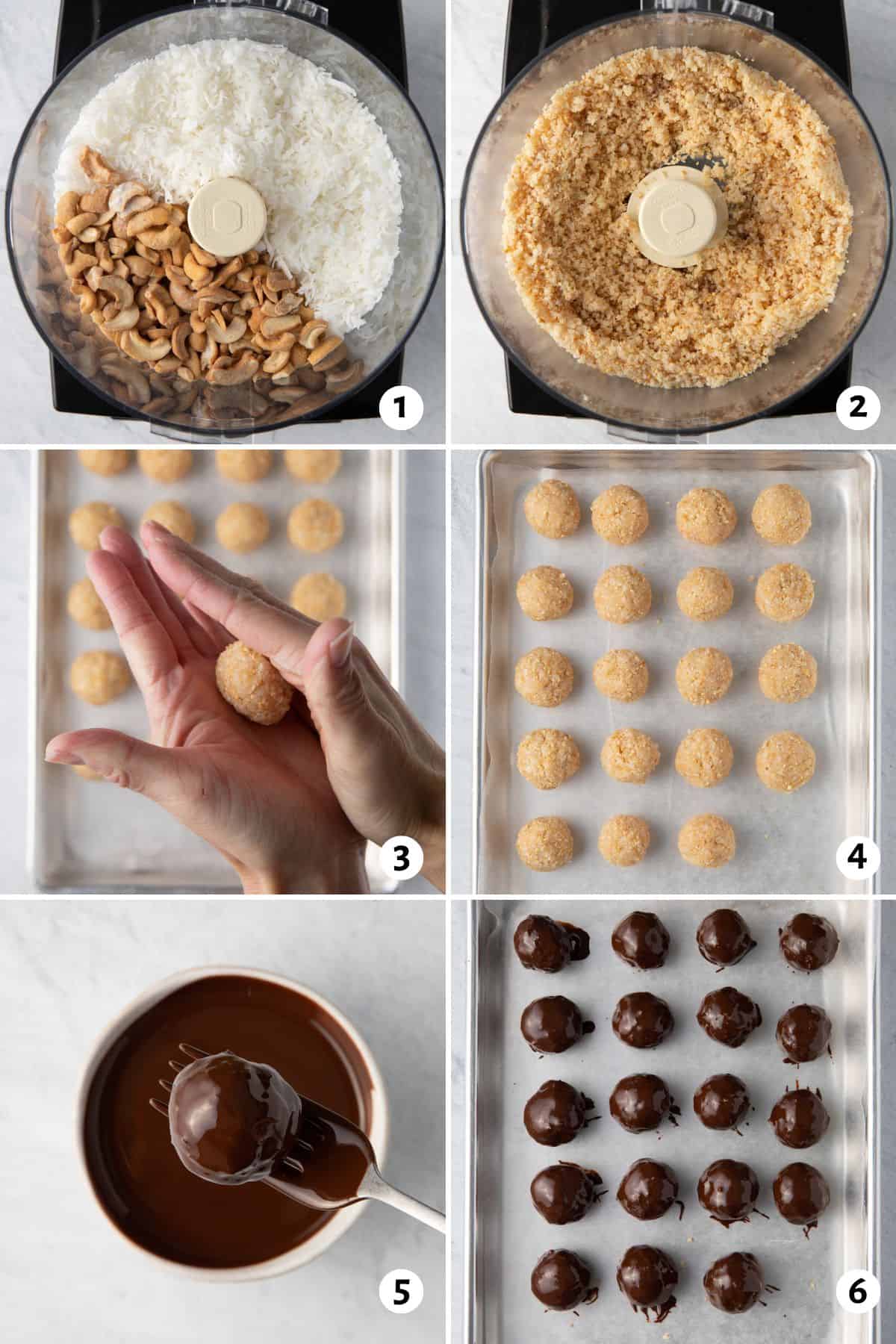 6 image collage before and after processing recipe ingredients in the bowl of a food processor, 3- rolling dough with palms, 4- dough balls on a parchment lined paper, 5- dipping one into melted chocolate, 6- chocolate coated cookie dough balls on sheet pan.