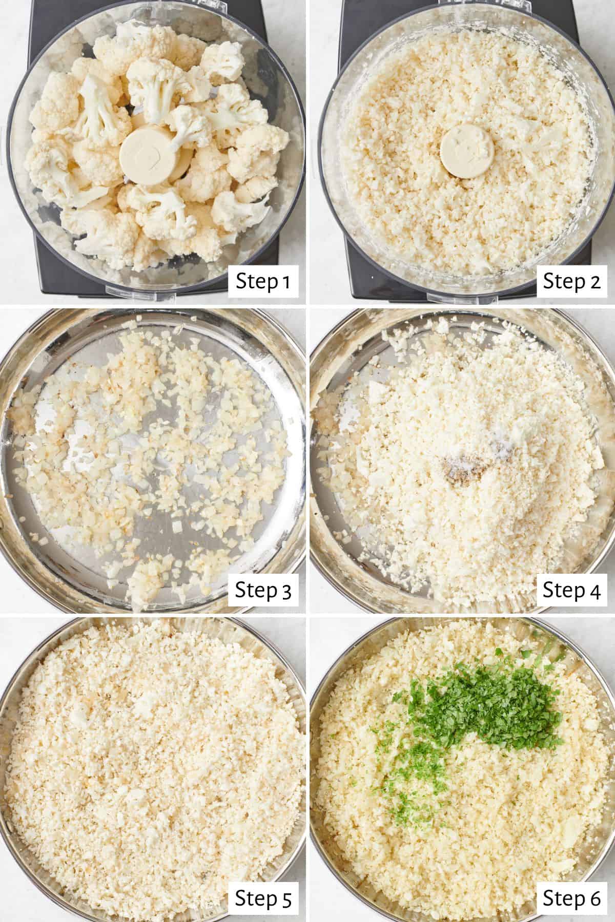 6 image collage making recipe: 1- cauliflower added to a food processor, 2- after processing into "rice" sized pieces, 3- chopped onions in a large skillet, 4- cauliflower rice and spices added to skillet, 5- after tossing together, 6- after cooking with fresh chopped cilantro added.