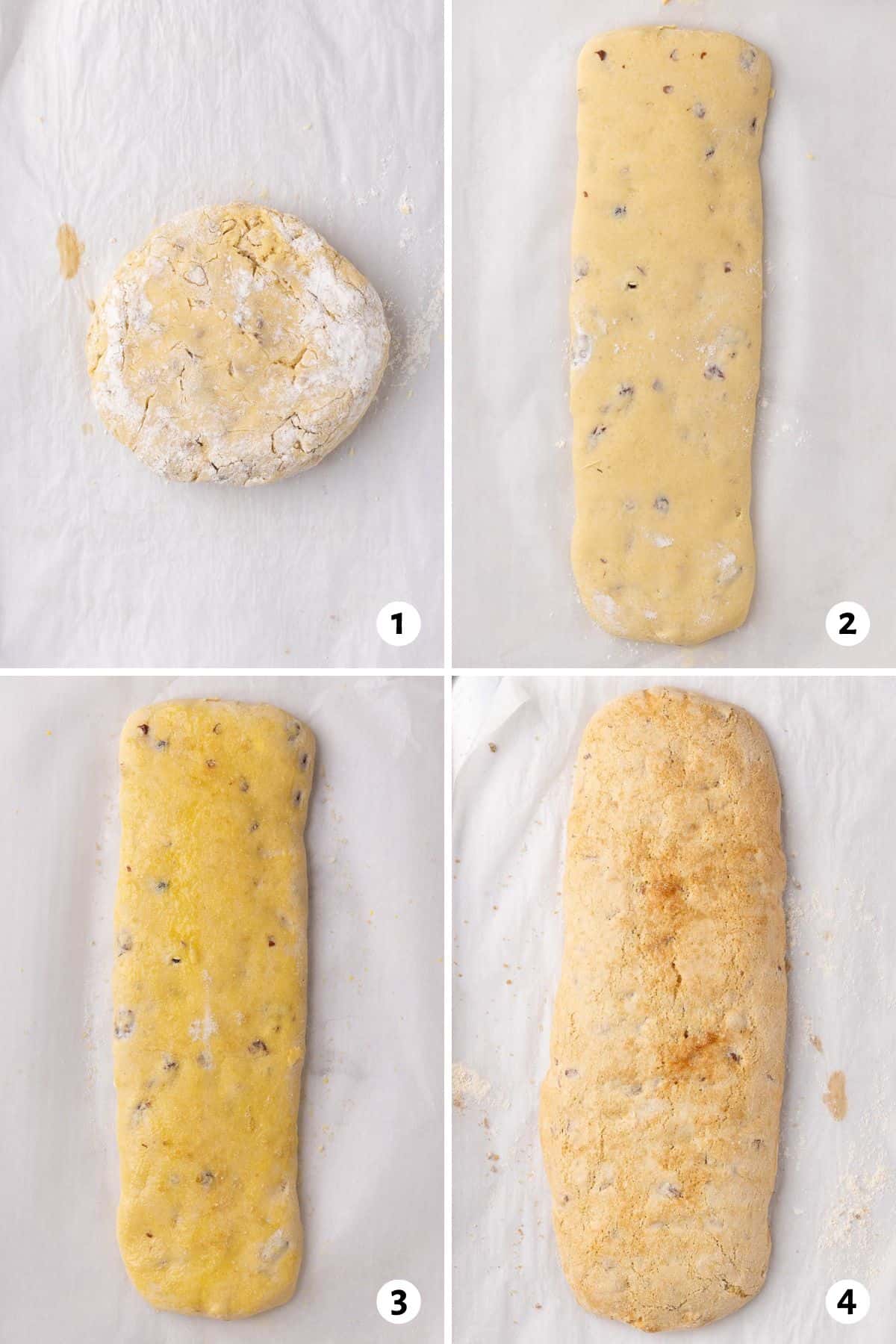 4 image collage shaping and baking dough: 1- chilled dough on a parchment lined baking sheet, 2- after shaping into a long, wide log, 3- after brushing with egg white and sugar, 4- after baking.