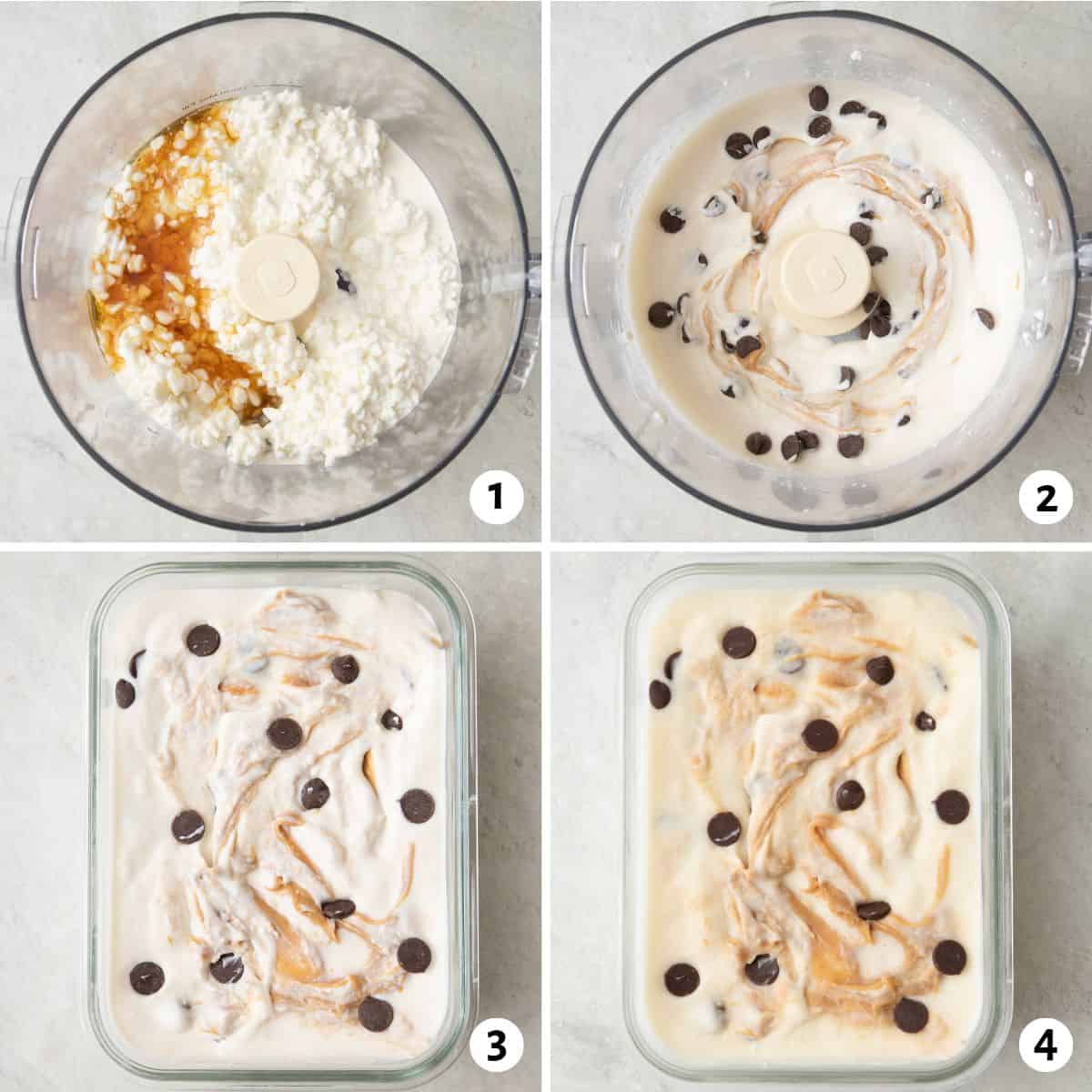 4 image collage making recipe: 1- cottage cheese and honey in a food processor, 2- after blending with peanut butter and chocolate chips swirled in, 3- transfered to a rectangular glass container, 4- after freezing.