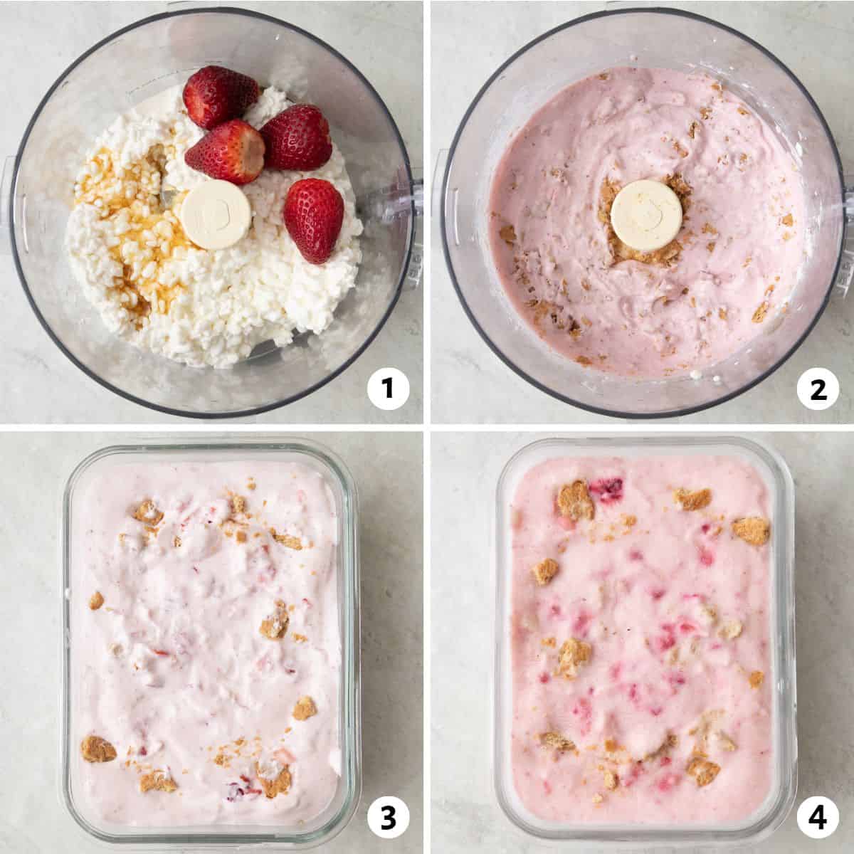 4 image collage making recipe: 1- cottage cheese, strawberries, and honey in a food processor, 2- after blending with graham crackers added, 3- transfered to a rectangular glass container, 4- after freezing.