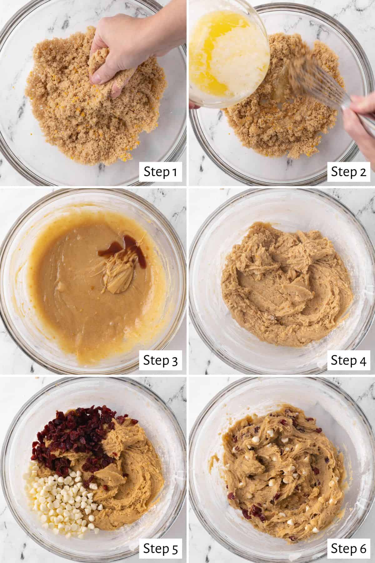 6 image collage making bar dough in a bowl: 1- hand massaging brown sugar and orange zest, 2- hand whisking sugar with melted butter being poured in, 3- after eggs are mixed in with vanilla added, 4- after folding in dry ingredients, 5- dried cranberries and white chocolate chips added 6- final dough.