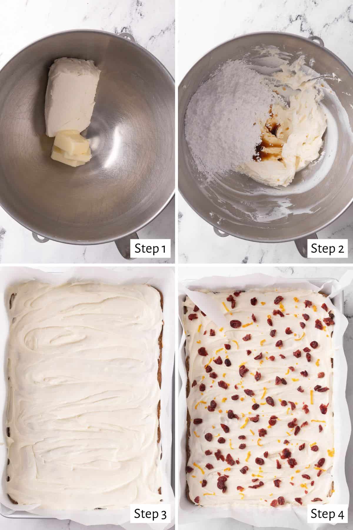 4 image collage making recipe: 1- cream cheese and butter in the bowl of a stand mixer before creaming, 2- after creaming with powdered sugar and vanilla added, 3- frosting spread on top of bar, 4- orange zest and dried cranberries on top.