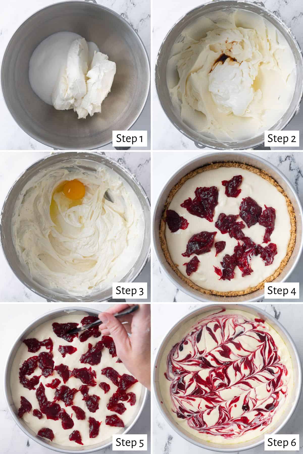 6 image collage making recipe: 1- cream cheese and sugar in a bowl before mixing, 2- after whipping together with sour cream and vanilla added, 3- egg added, 4- cheesecake poured into prepared crust with some of the cranberry sauce added, 5- after remaining cream cheese and cranberry added with a fork swirling it into mixture, 6- after swirling.