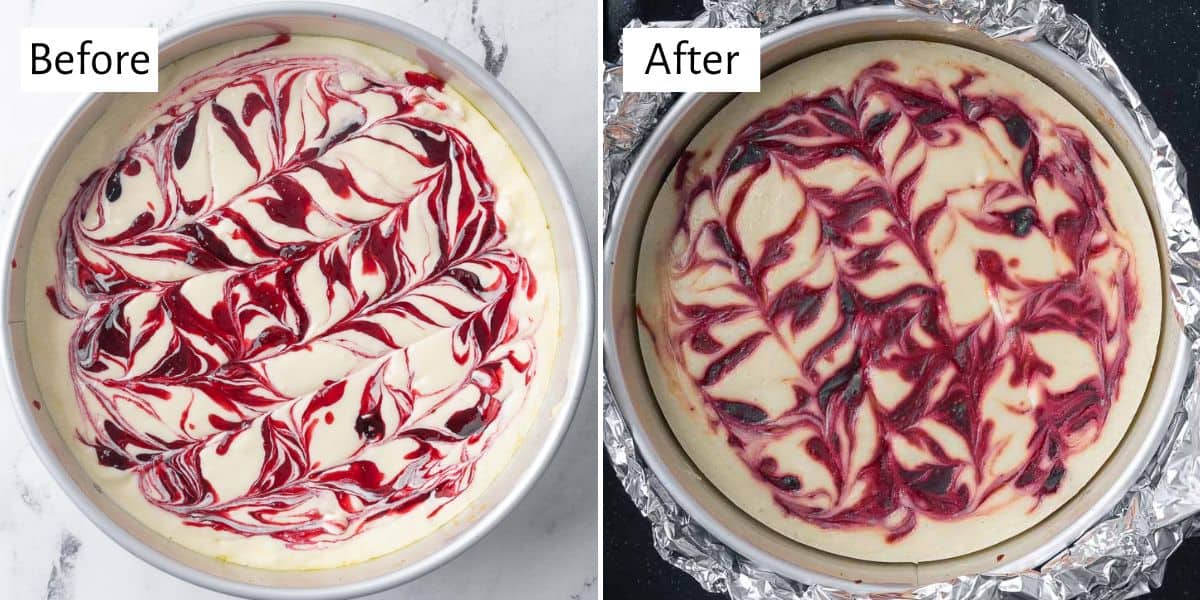 2 image collage before and after baking cheesecake in a water bath.