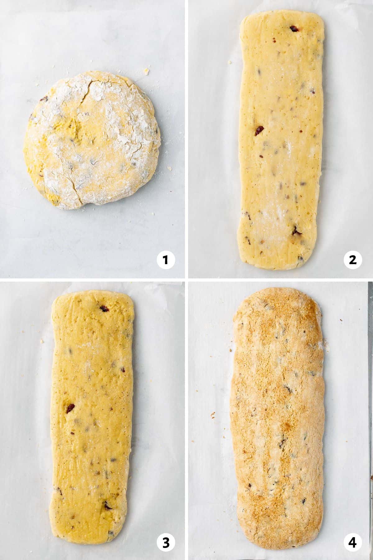 4 image collage shaping and baking dough: 1- chilled dough on a parchment lined baking sheet, 2- after shaping into a long, wide log, 3- after brushing with egg white and sugar, 4- after baking.