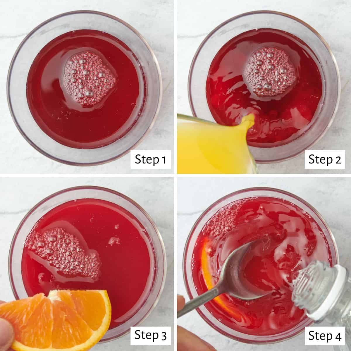 4 image collage making recipe: step 1- cranberry juice in a glass, step 2- orange juice being poured into it, step 3- adding an orange slice to the mix, 4- spoon stirring the drink while pouring in club soda.