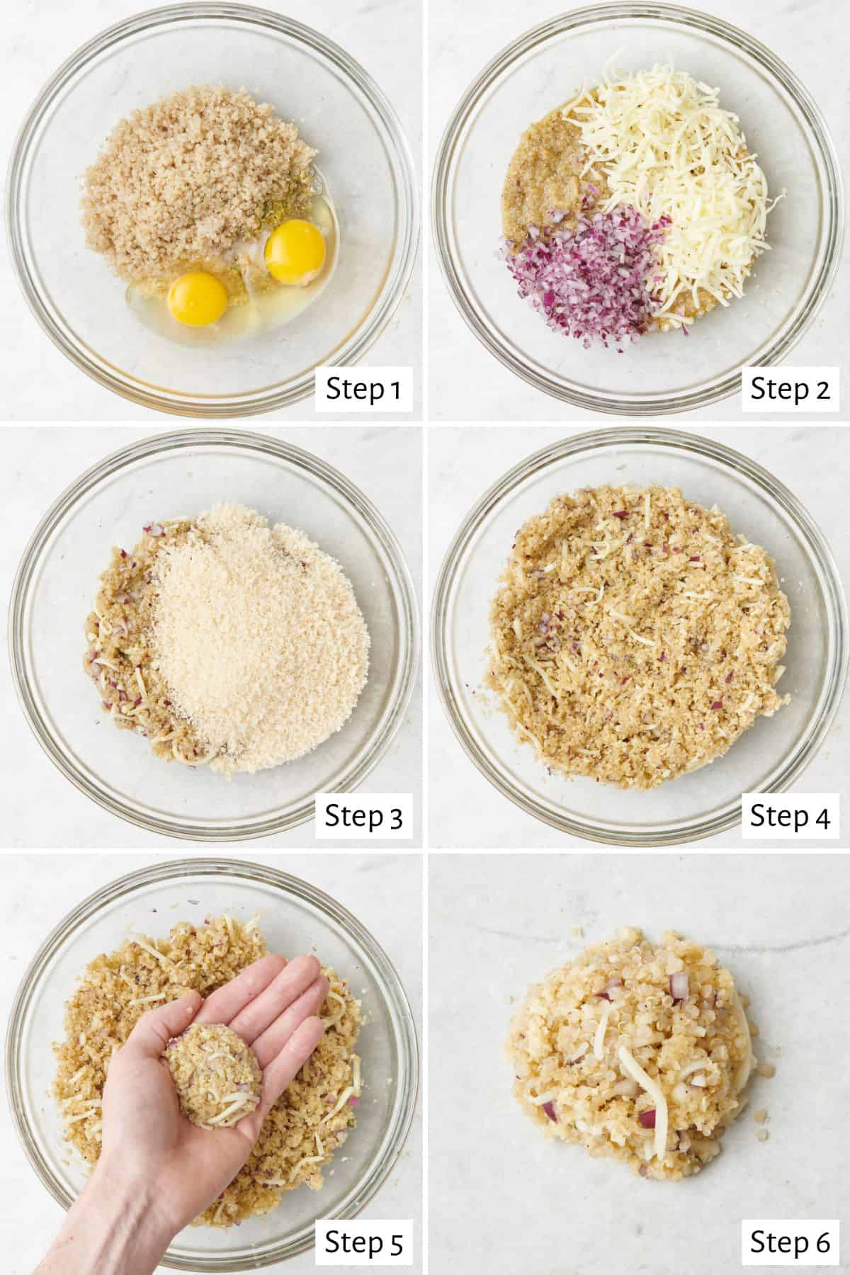 6 image collage making recipe: 1- quinoa and eggs in a bowl, 2- after mixing with shredded cheese and chopped red onions added, 3- after mixing with breadcrumbs added, 4- after combined, 5- forming in to a ball, 6- shaping into a patty.