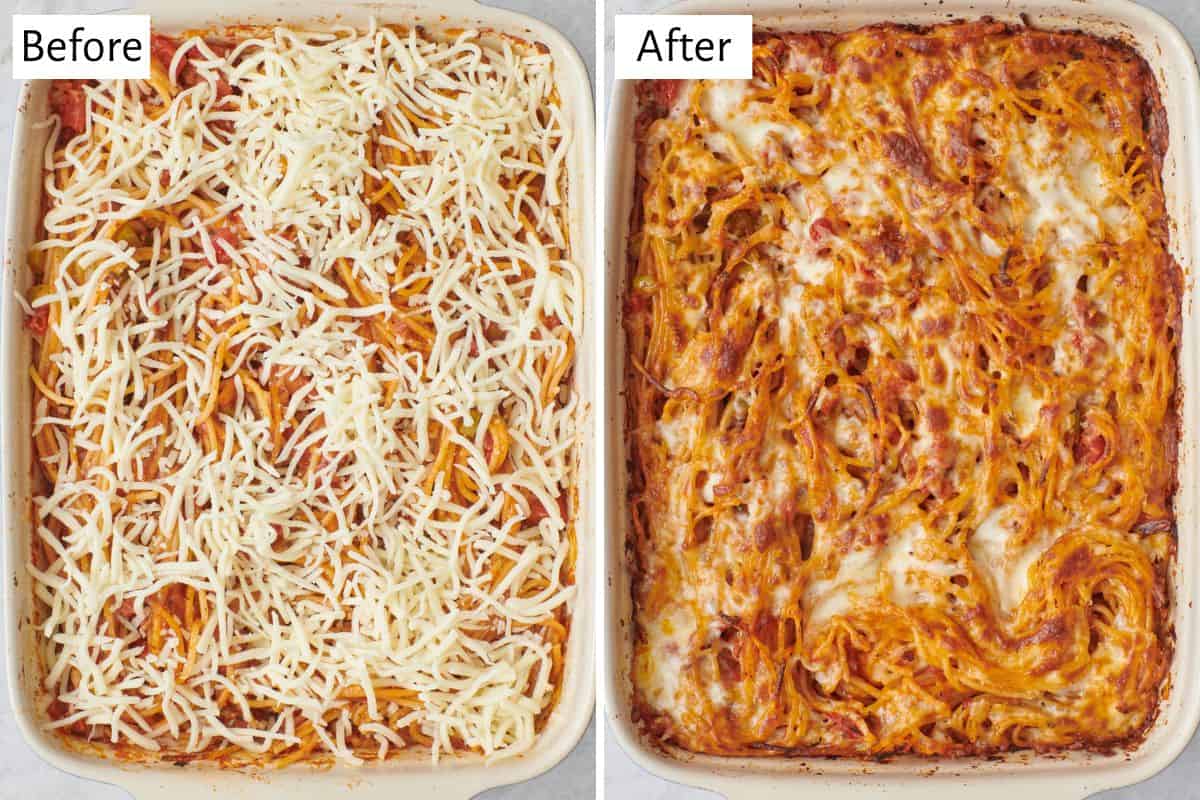 Collage of baked spaghetti before and after cooking
