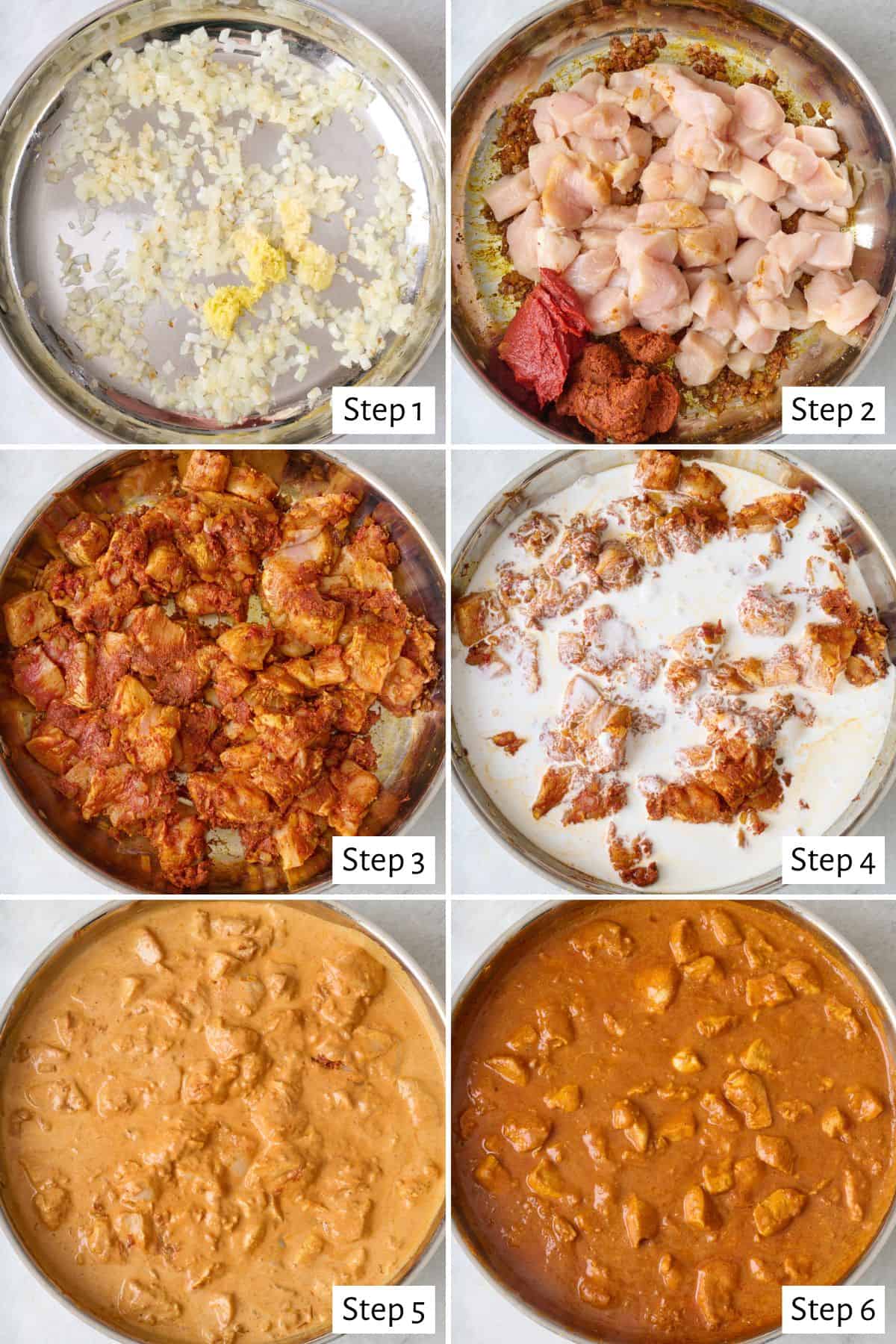 6 image collage making recipe in a large skillet: 1- onions after sauteeing with garlic and ginger added, 2- after spices added with chicken pieces and pastes added to pan, 3- after coating chicken with seasonings and pastes, 4- coconut milk added, 5- after stirring together, 6- after cooking until deepened in color.