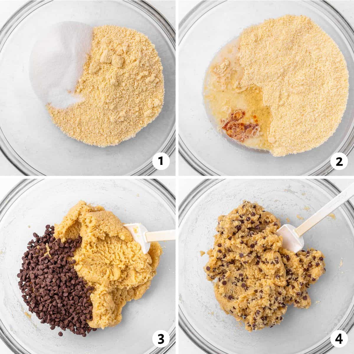 4 image collage making recipe in one bowl: 1- almond flour, sugar, and salt in a bowl, wet ingredients added, 3- after combing wet and dry mixture with chocolate chips added, and 4- after folding to combine.