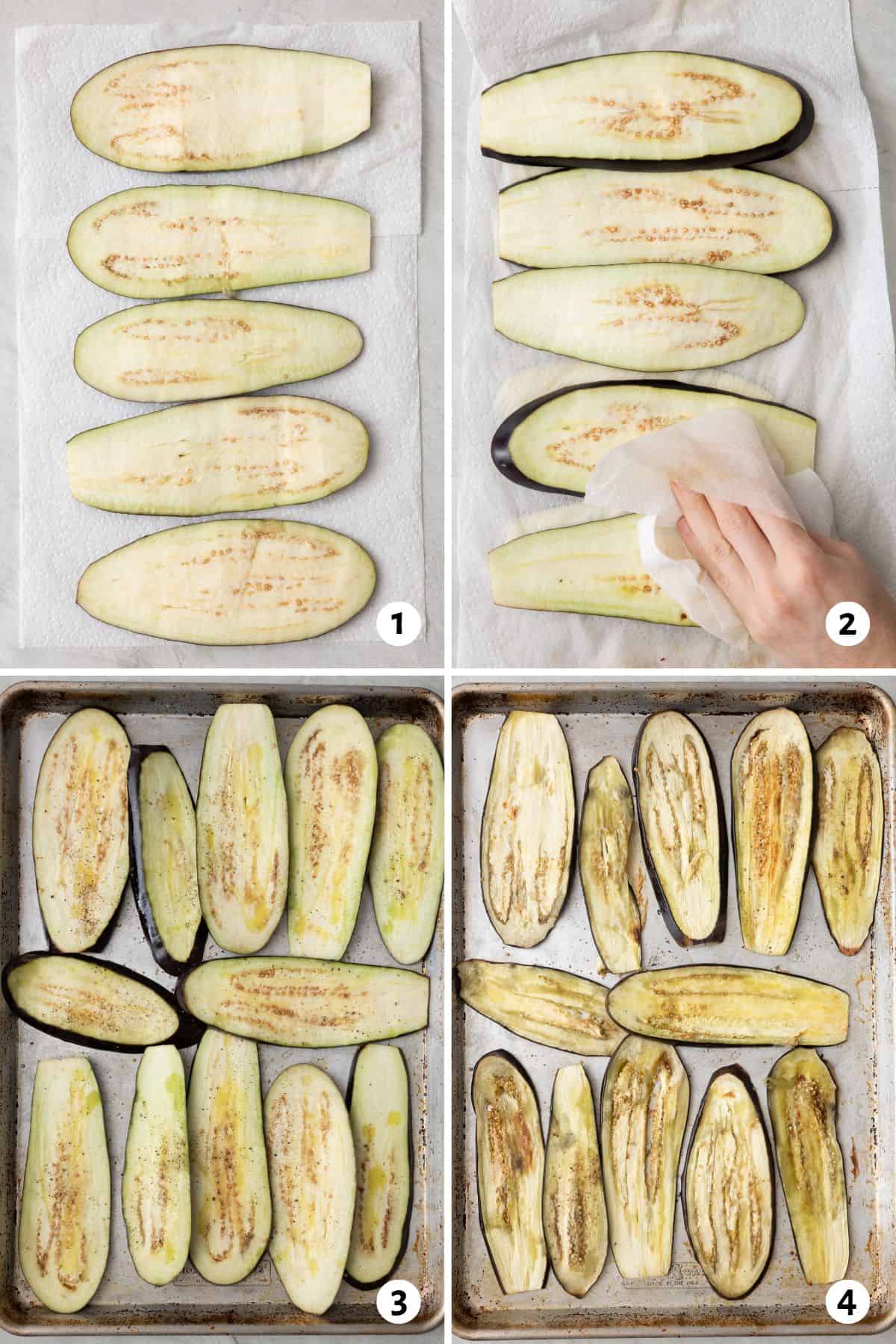 4 image collage preparing eggplant layer: 1- planks on a paper towel, 2- patting dry, 3- seasoned on a baking sheet before roasting, 4- after roasting.