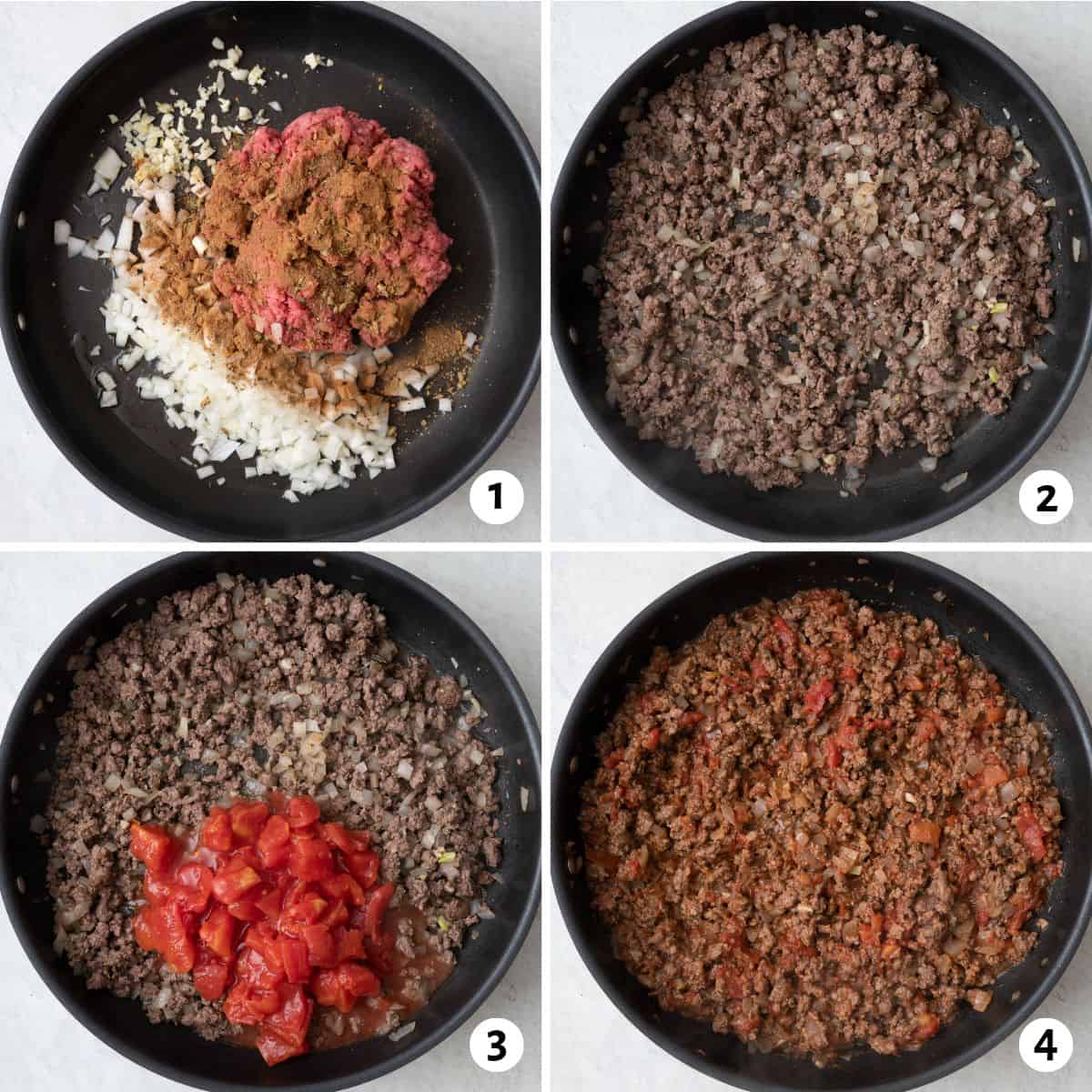 4 image collage preparing beef layer: 1- onions, ground beef, and garlic in a skillet seasoned with oregano, cinnamon salt and pepper before cooking, 2- ground beef mixture after cooking, 3-diced tomatoes added, 4- sauce after thickening.