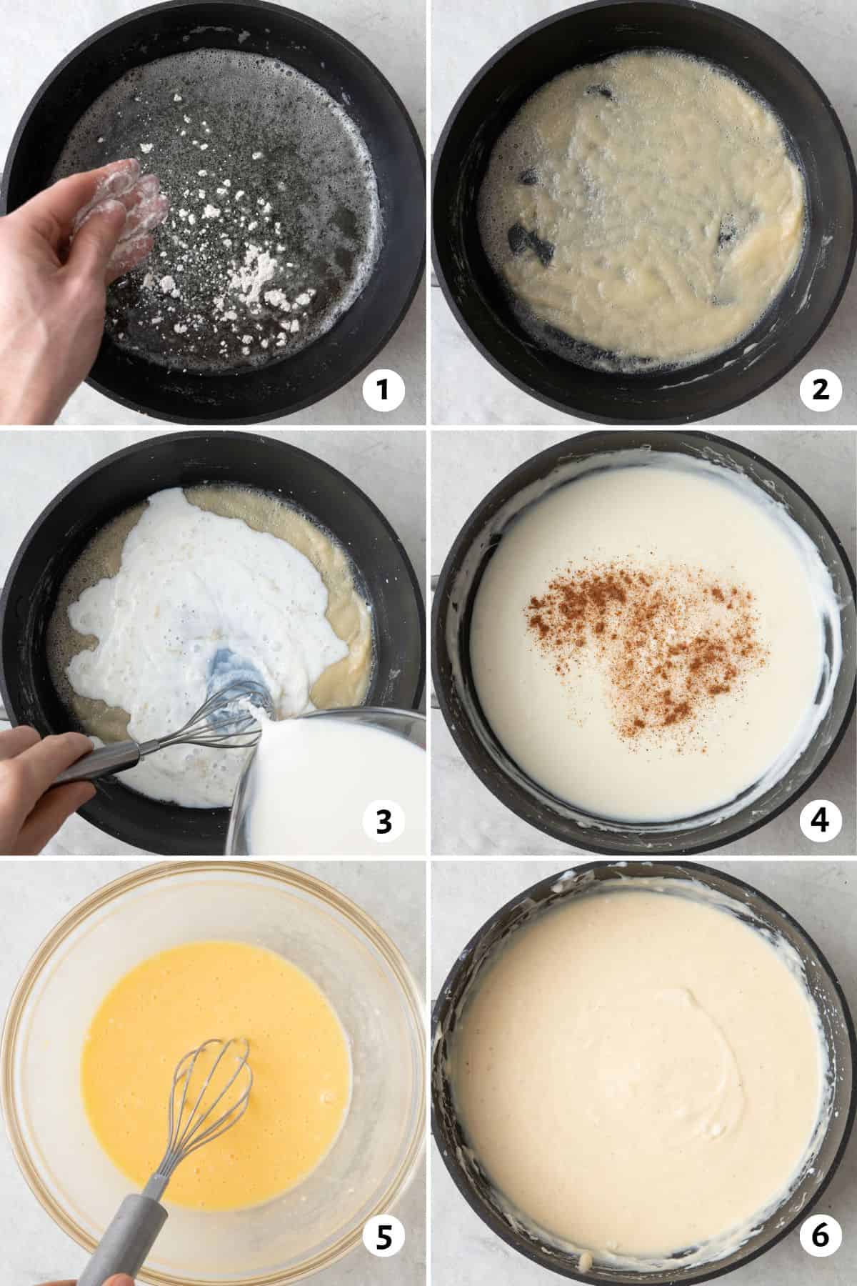 6 image collage making bechamel sauce: 1- flour sprinkled into a skillet with melted butter, 2- roux after cooking, 3-whisking in milk, 4- sauce after combined with nutmeg sprinkled on top, 5- egg whisked in a bowl, 6- egg cooked into sauce.