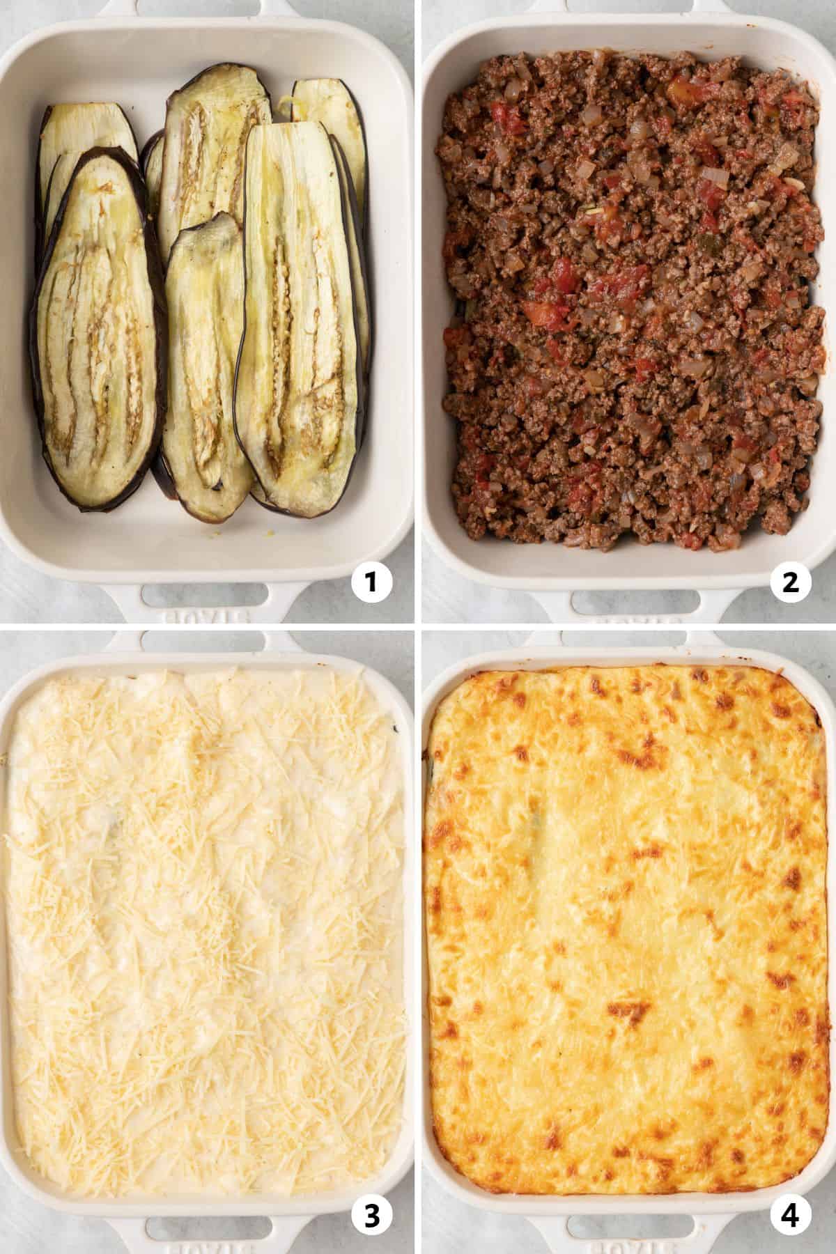 4 image collage assembling recipe in a rectangle baking dish: 1- roasted eggplant plants layered in bottom of dish, 2- meat mixture spread evenly over top, 3- after another layer of eggplant is added with bechamel over top and parmesan cheese added before baking, 4- after baking to show a browned cheese topping.