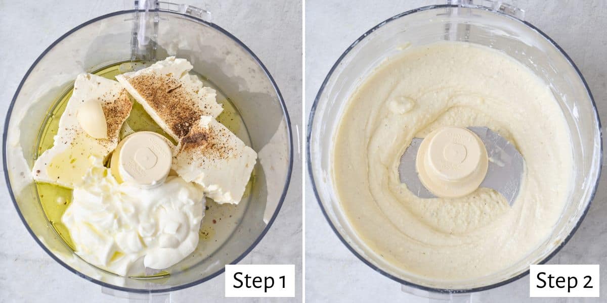 Collage of ingredients in a large bowl to make creamy feta dip - before and after mixing