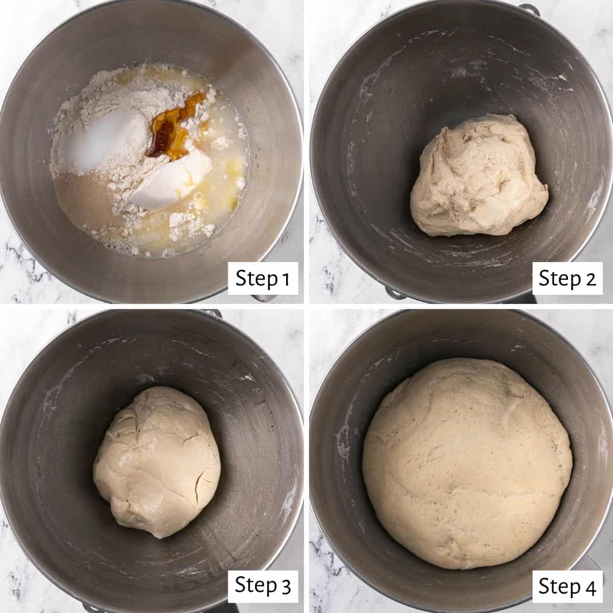 4 image collage making recipe in the bowl of a stand mixer: 1-water, yeast, sugar, oil, and honey added before mixing, 2- after mixing with flour added to show a round dough, 3- after kneading dough and resting in the bowl, coated with oil before rising, 4- after doubling in size.