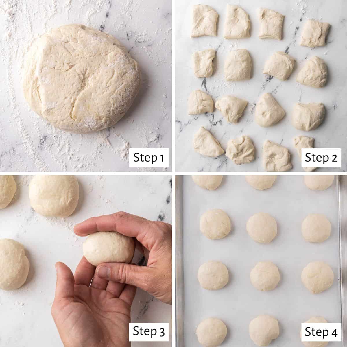 4 image collage making recipe: 1-deflated dough on a floured surface, 2-dough divided into 16 pieces, 3- hand rolling pieces into a ball, 4- dough balls on a parchment-lined sheet pan before second rise.