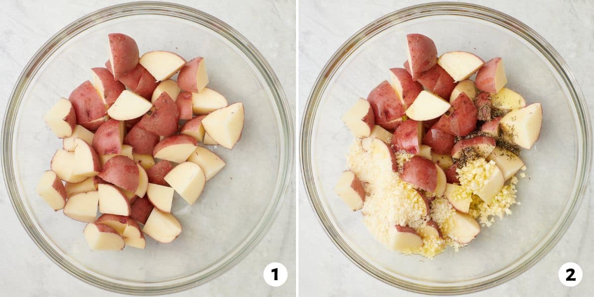 Collage of two images showing the bowl of cut red skin potatoes and then the garlic and parmesan added on top
