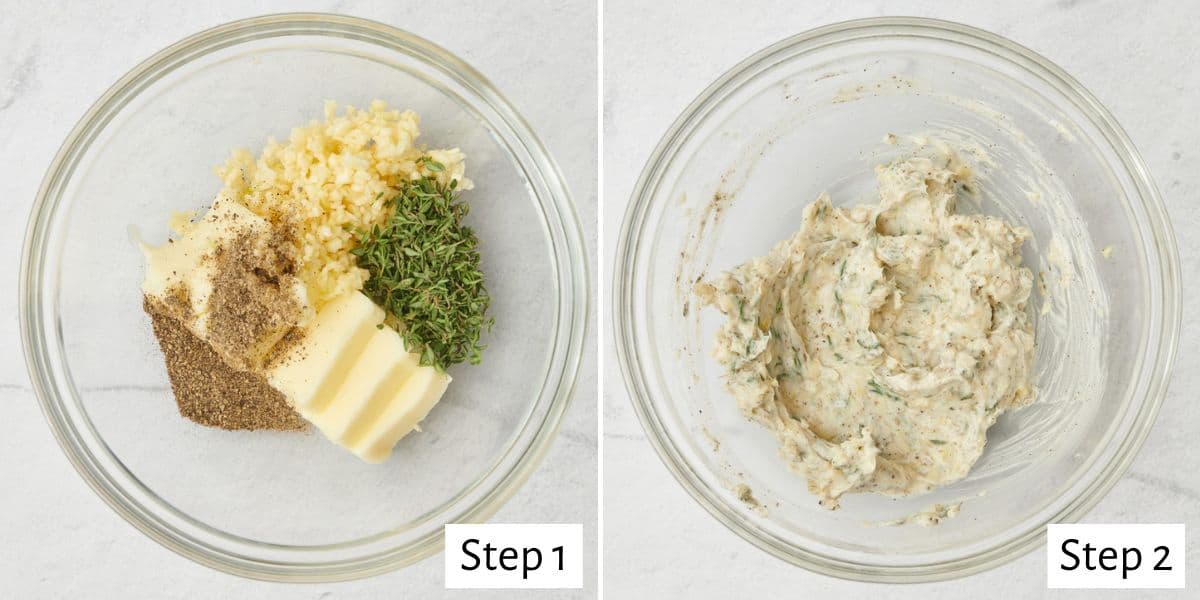 2 image collage making recipe: 1- butter and herbs in a small bowl before mixing, 2- after mixing.