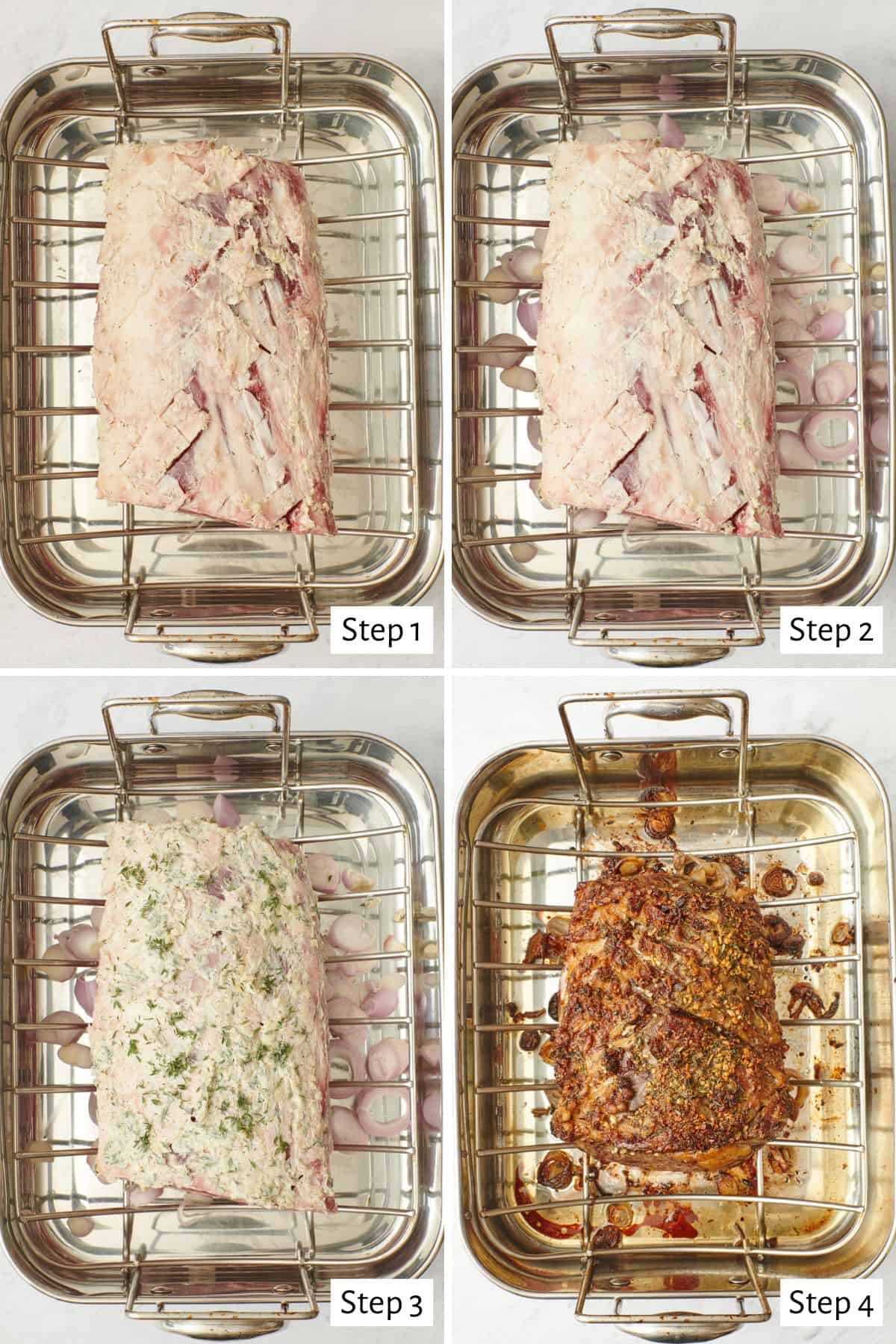 4 image collage making recipe in a roasting pan: 1- crosshatched prime rib on pan, 2- shallots added to the bottom under roast, 3- butter spread over roast, 4- after roasting.