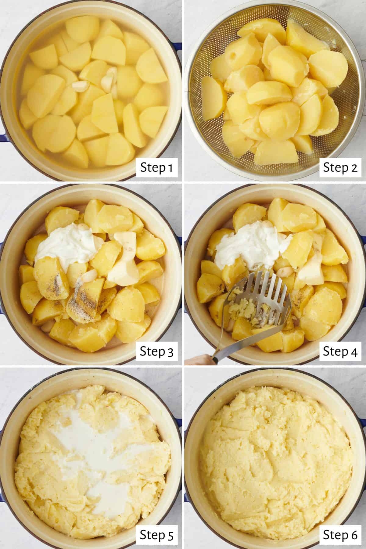 6 image collage making recipe: 1- potatoes in a pot with water, 2- in a colander, 3- strained potatoes added back to pot with yogurt, garlic and spices, 4- potato masher mashing potatoes and add ins, 5- after mashing with milk added, 6- fully combined mashed potatoes.
