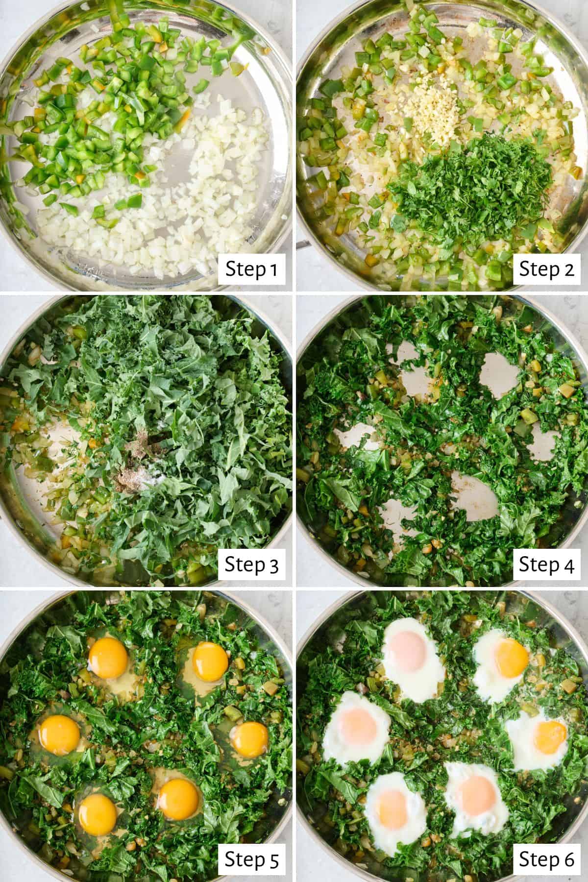 Collage to show how to make green shakshuka: green peppers and onions followed by garlic and cilantro
