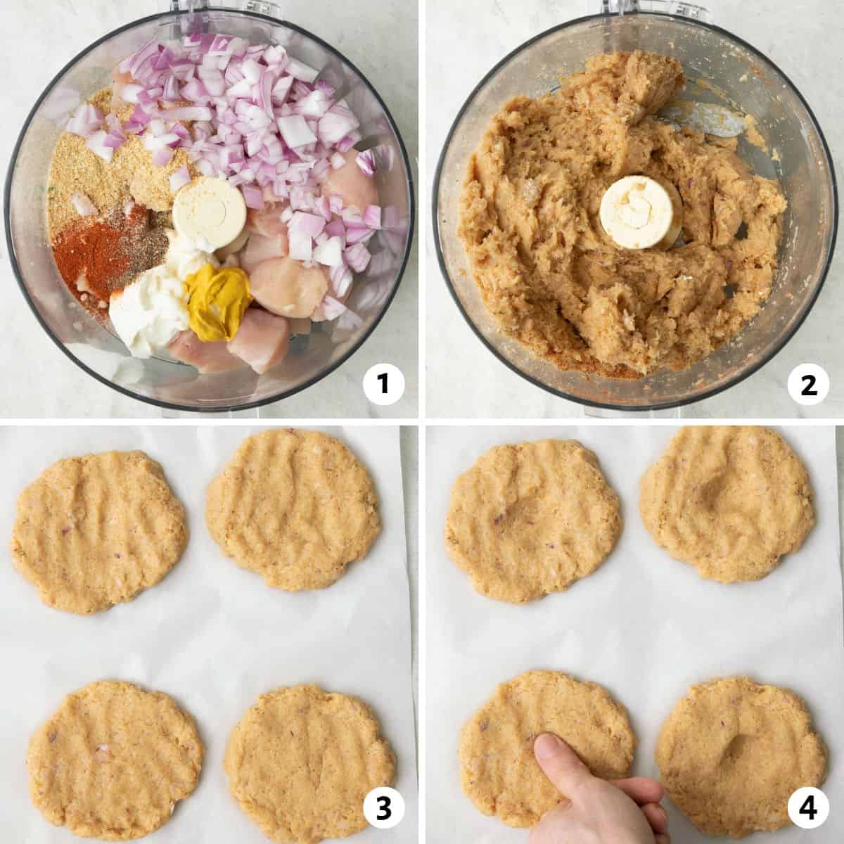 4 image collage making recipe: 1- ingredients in a food processor, 2- after processing into a paste, 3- formed patties on a piece of parchment paper, and 4- a thumb pressing an indention into the center of each patty.