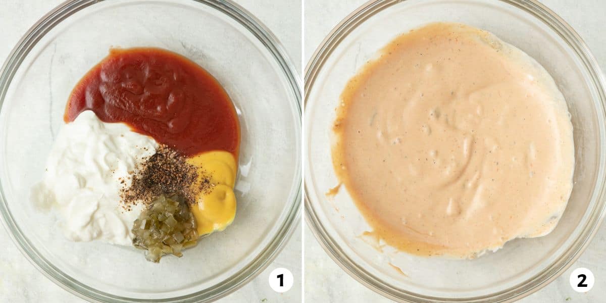 2 image collage making burger sauce in a bowl before and after mixing.