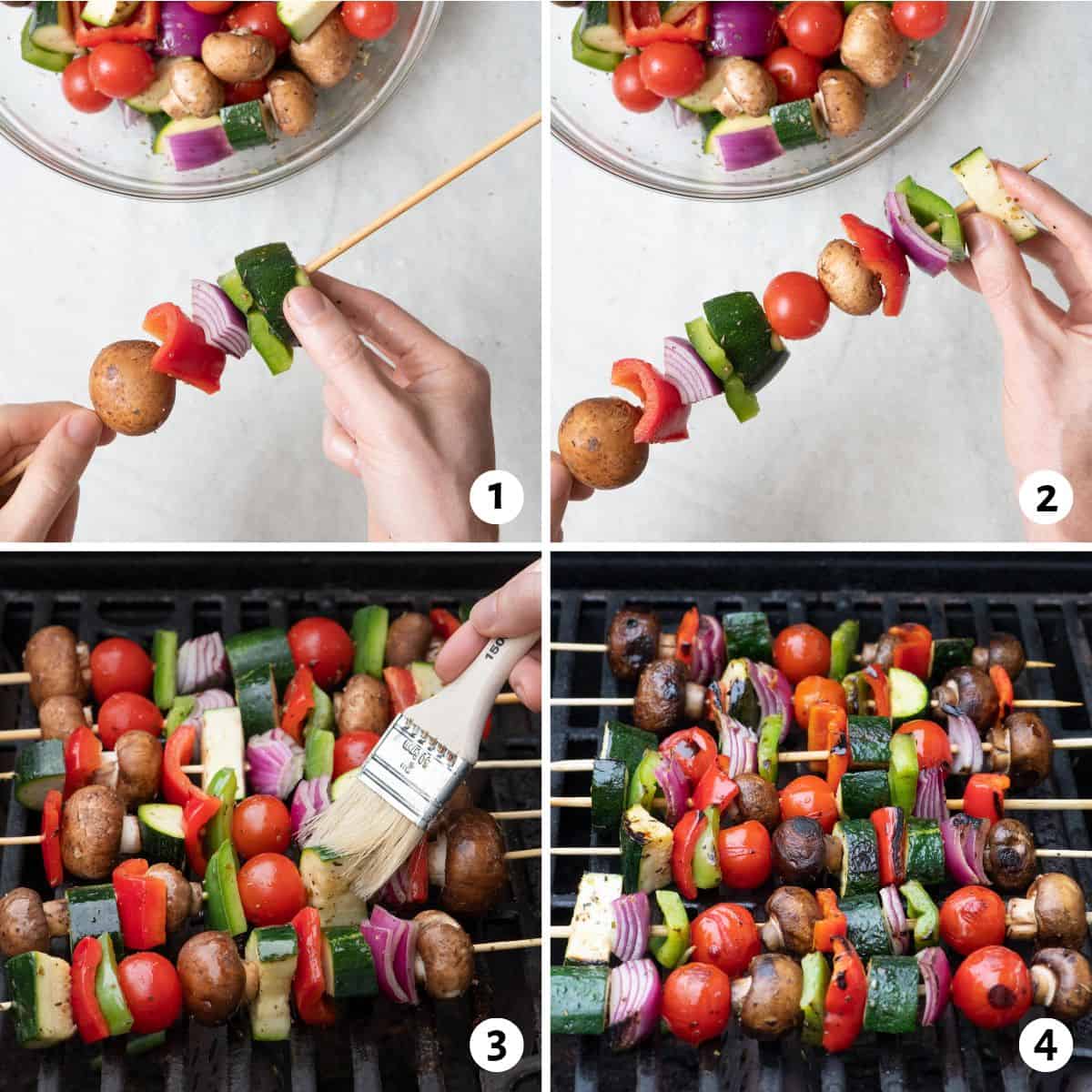 4 image collage prepping and cooking recipe: 1- adding veggies to a wooden skewer, 2- adding the last vegetable to it, 3- skewers on a grill brushing extra oil mixture on them, 4- after flipping to show grill marks.