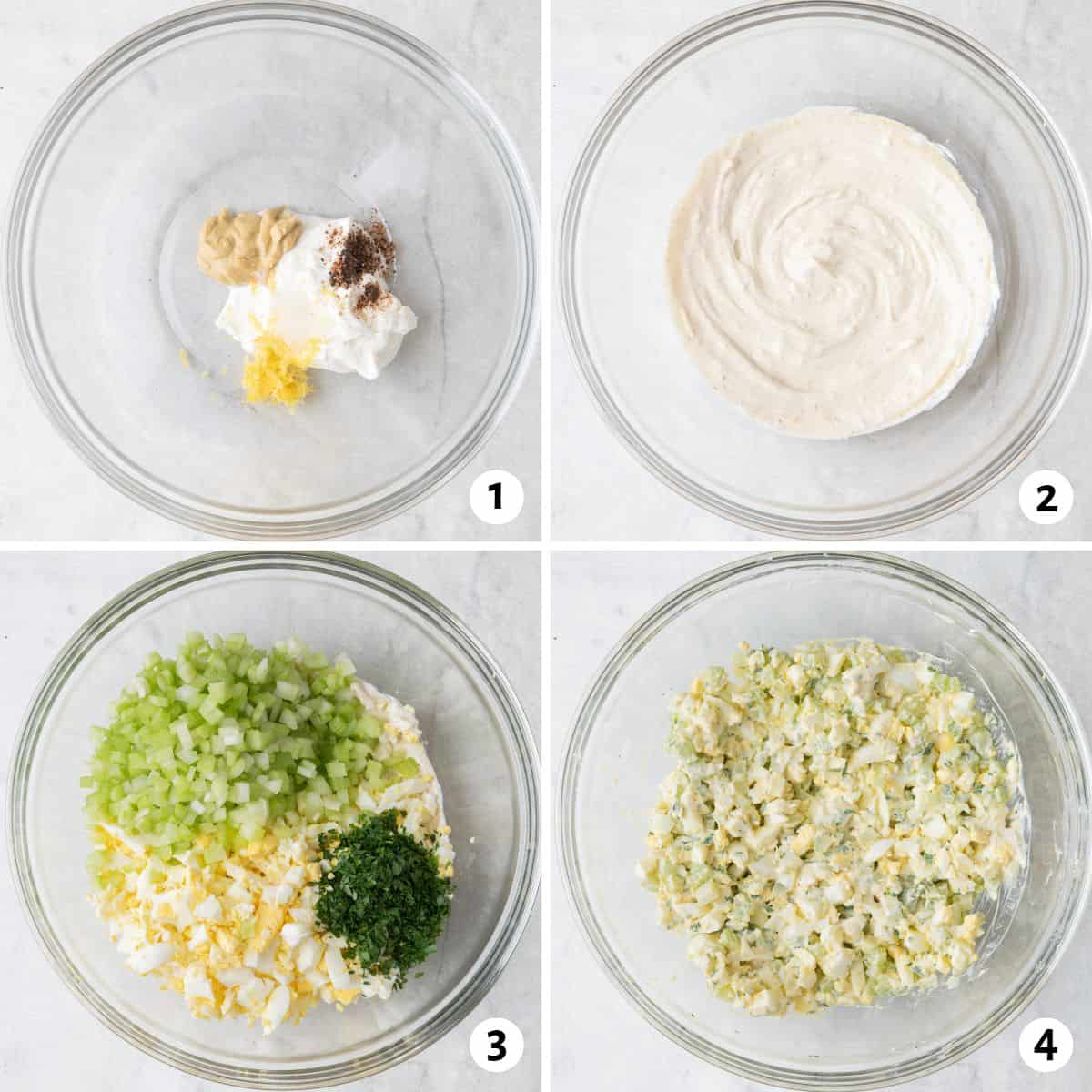 4 image collage making recipe in one bowl: 1- dressing ingredients added before mixing, 2-after mixing, chopped celery, parsley and hard boiled eggs added on top of dressing, 4- after mixture is fully combined.