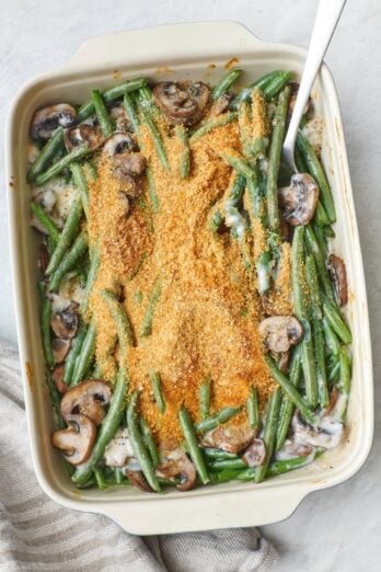 Healthy green bean casserole with panko breadcrumbs on top