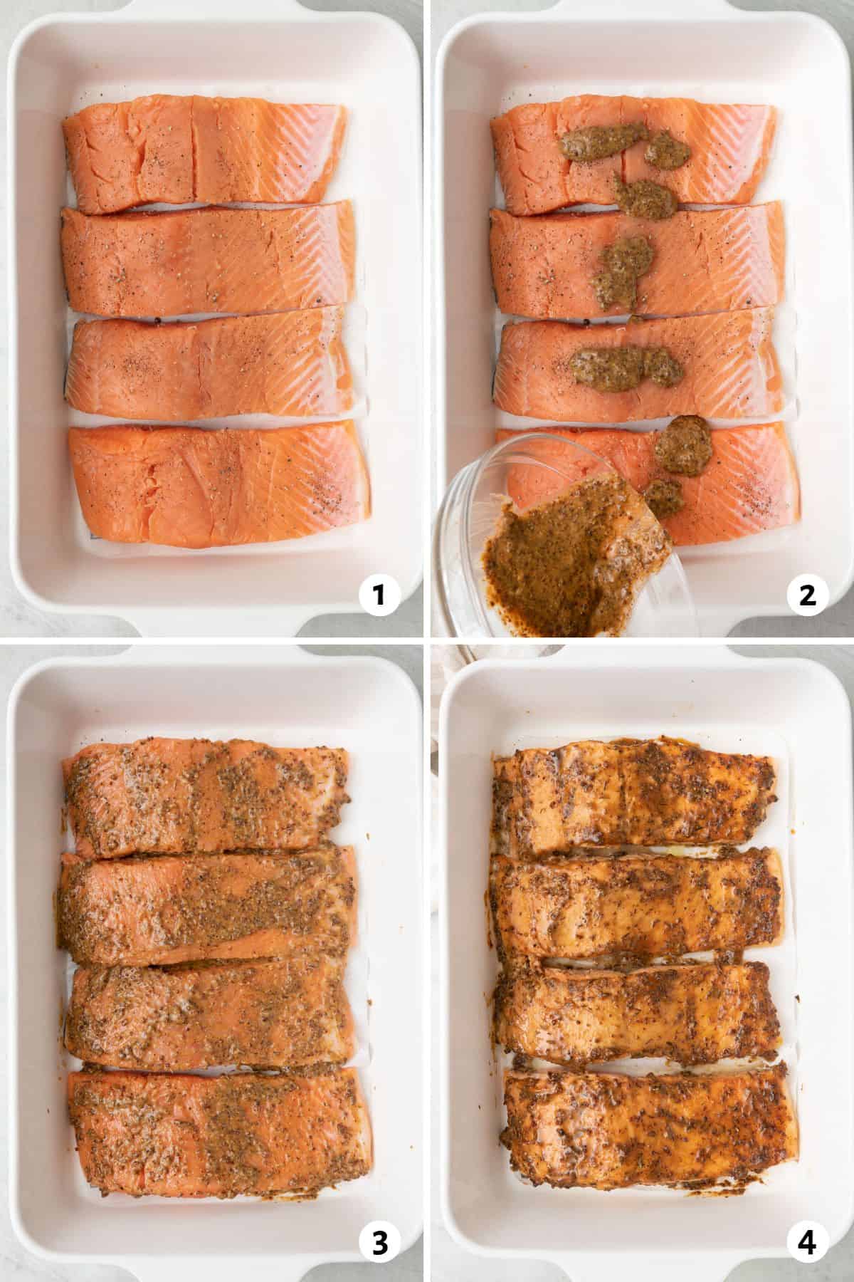 4 image collage making recipe in a rectangle baking dish: 1- 4 salmon fillets in dish, 2- pouring seasoning mixture over fish, 3- fish after being fully coated in mixture, 4- salmon after baking.