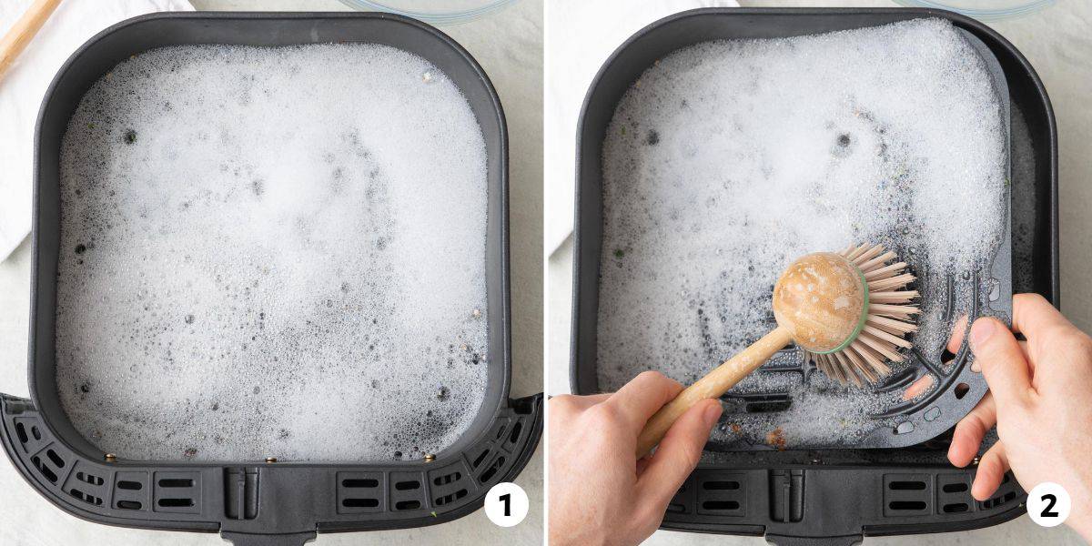 2 image collage with the first image showing basket full of soapy water and then using a scrub brush to clean the grate.