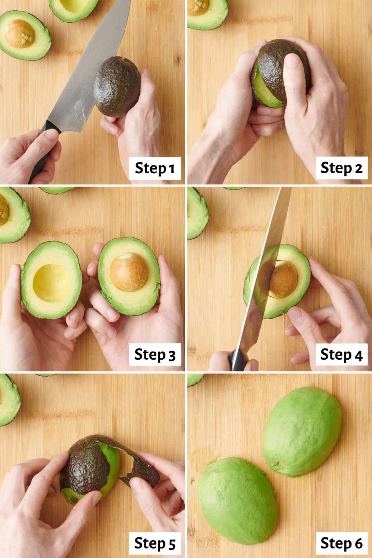 6 image collage preparing fruit for cutting: step 1- knife inserted into an avocado to the pit, step 2- hands twisting the two halves apart, step 3- avocado halves opened to show flesh and pit still attached, step 4- Pit side half on cutting board with hand holding it still and knife on pit, slightly twisted, step 5- Avocado half cut side down on cutting board with hand pulling skin away, step 6- two peel halves cut side down on cutting board.