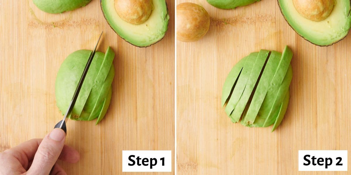 2 image collage slicing avocado half.