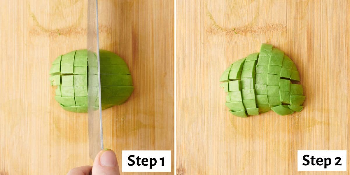 2 image collage dicing avocado.